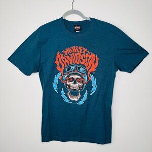 Harley Davidson Blue Short Sleeve Tshirt Mens L Skull Front Graphic Four Rivers